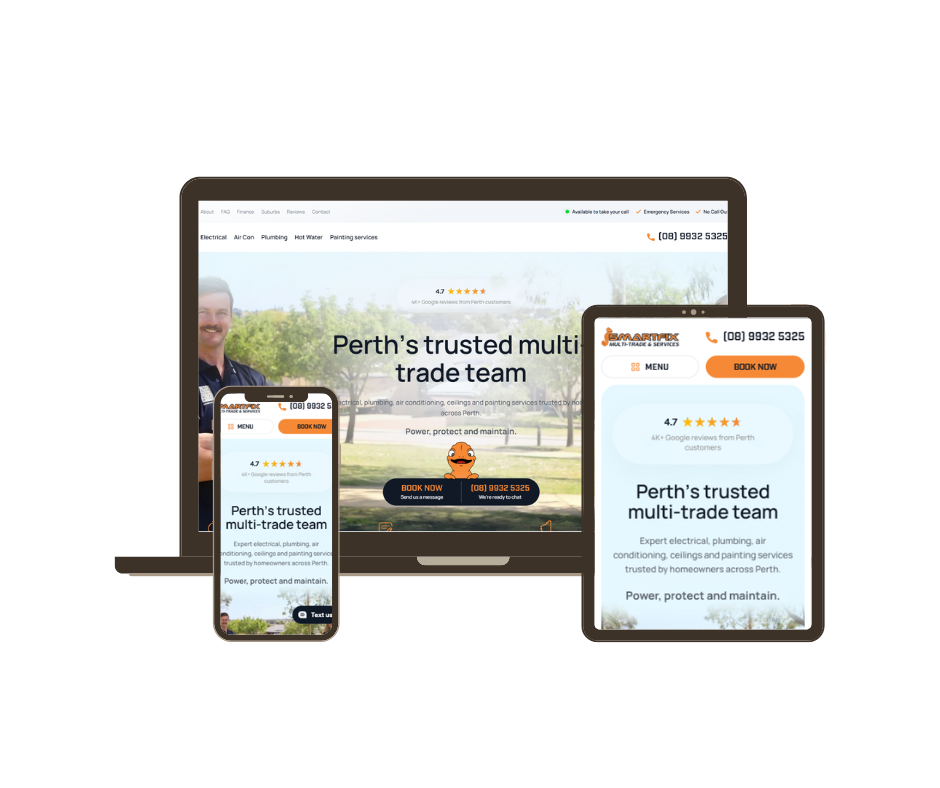 Multi-trade home service website design by Gleemium Marketing - desktop, tablet, and mobile views with reviews and booking CTAs
