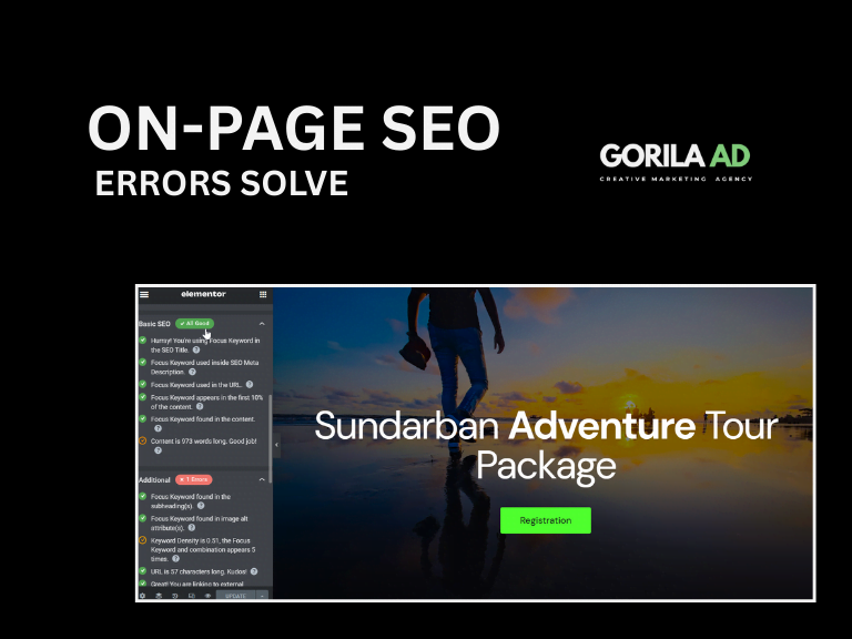 On-page SEO optimisation service by Gleemium Marketing - Rank Math basic SEO and additional checklists showing 100% green-light pass on focus keyword placement, content length and on-page structure inside WordPress / Elementor