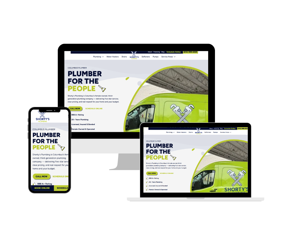 Boutique plumber brand website design by Gleemium Marketing - illustration-led hero with personality-driven copy across all device sizes