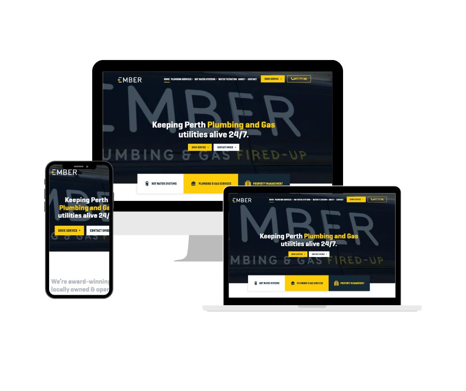 24/7 plumbing and gas service website design by Gleemium Marketing - bold identity-led homepage across desktop, tablet, and mobile